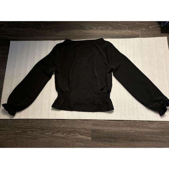 Topshop Black V-Neck Buttondown Smocked Peplum Top 2 Peasant Boho Classic Casual - Picture 6 of 12